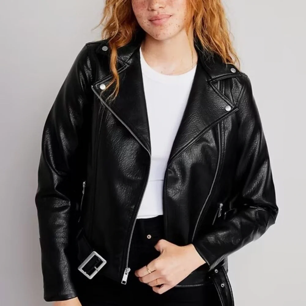 Old Navy Black Faux Belted Leather Moto Jacket - Picture 1 of 6